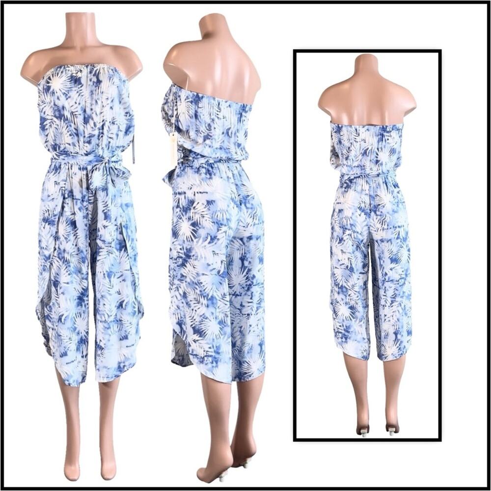 Ocean Drive Palm Leaf Side Slit Strapless Jumpsuit - Blue SZ M $36